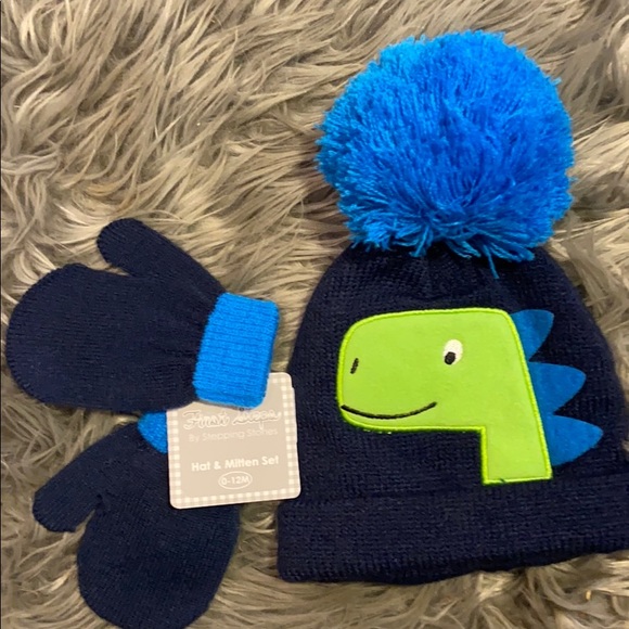 Baby Boy Navy Dinosaur Knit Hat & Mitten Set - Picture 1 of 1